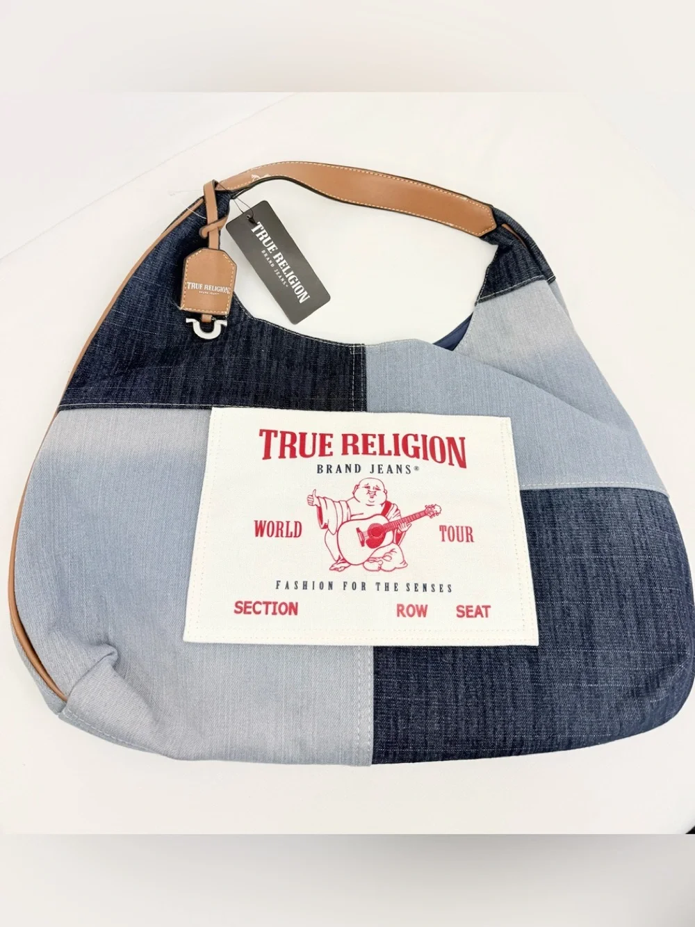 True Religion Blue White Patchwork Fade Denim Ticket Patch Hobo Shoulder Bag NEW